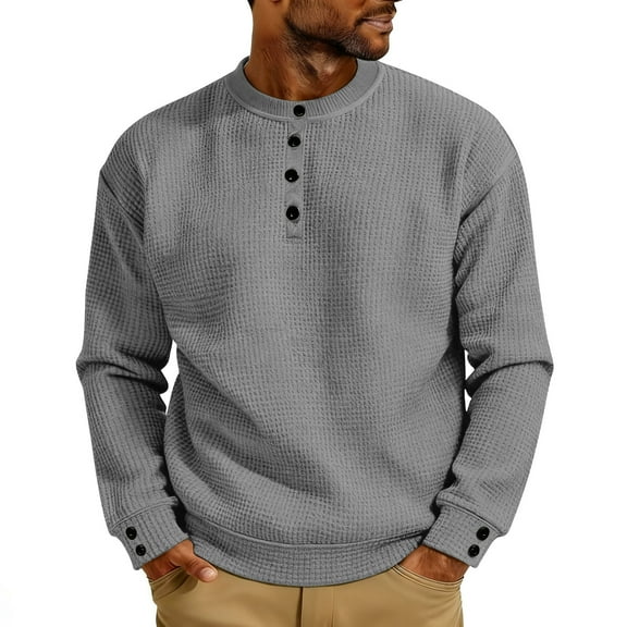 Men's Waffle Knit Tops with Buttons Plain Crewneck Sweatshirts Spring Fall Casual Long Sleeve Tops (3XL, Gray)