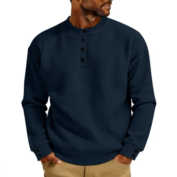 Men's Waffle Knit Tops with Buttons Plain Crewneck Sweatshirts Spring Fall Casual Long Sleeve Tops (L, Navy)