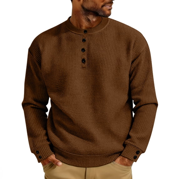Men's Waffle Knit Tops with Buttons Plain Crewneck Sweatshirts Spring Fall Casual Long Sleeve Tops (XL, Brown)