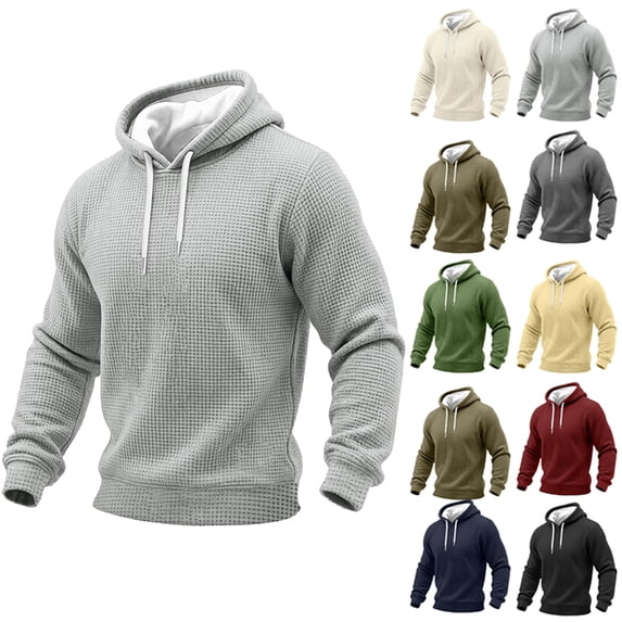 Men's Waffle Knit Zip Hoodie Long Sleeve Drawstring Casual Hooded Sweatshirt Athletic Pullover Top