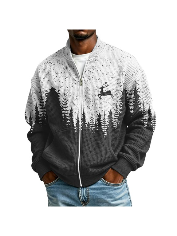 Men's Waffle Knit Zip Jacket Winter Forest Deer Print Ribbed Collar Casual Cardigan Long Sleeve Side Pockets Relaxed Seasonal Outerwear for Festive Weekends
