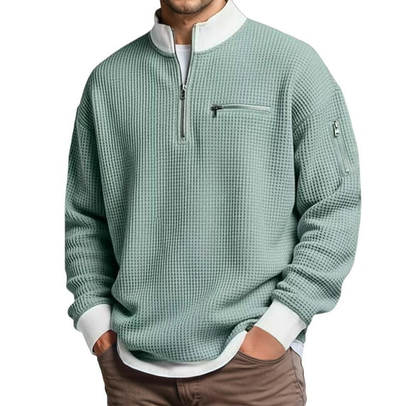 Men's Waffle Long Sleeve Quarter Zip Color Block Collar Sweatshirt Color Green Size S