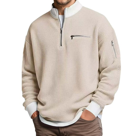 Men's Waffle Long Sleeve Quarter Zip Color Block Collar Sweatshirt Color Khaki Size XXXXXL