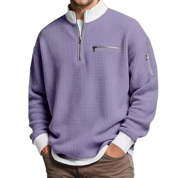 Men's Waffle Long Sleeve Quarter Zip Color Block Collar Sweatshirt Color Purple Size XXXXXL
