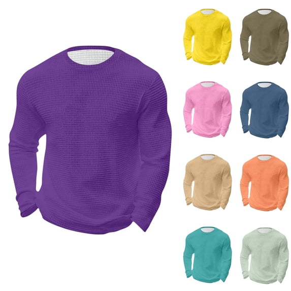 Men's Waffle Long Sleeve Shirts Sweatshirt, Crew Neck Underwear Tops Casual Pullover Sweaters Knit Undershirts Size 5XL Yellow