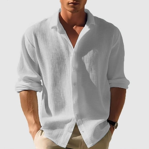 Men's Waffle Loose Single Breasted Button Top Solid Color Coat Cardigan Long Sleeve Turndown Collar Blouse Shirt