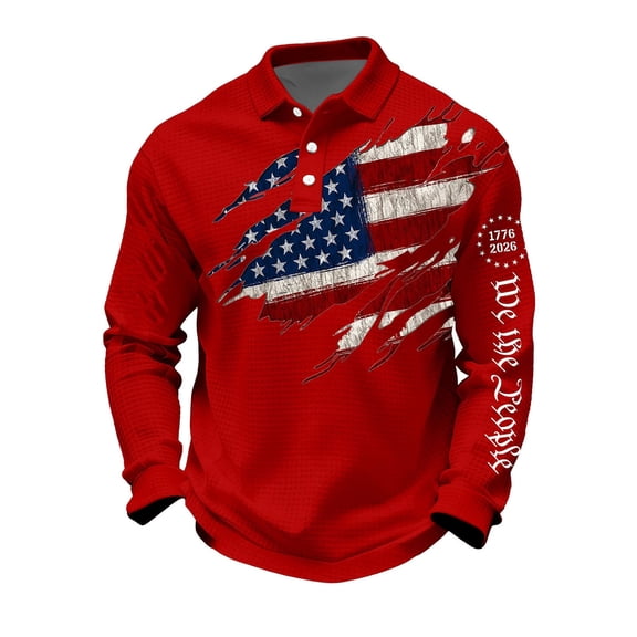 Men's Waffle Polo Shirt 250th Anniversary Distressed Shirts American Flag Long Sleeve Casual Top