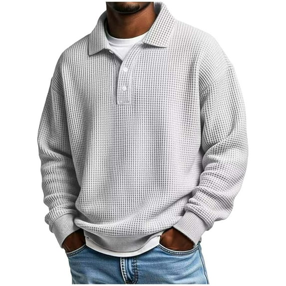 Men's Waffle Pullover Trendy Casual Knitted Sweatshirt Plain Long Sleeve Lapel Collar Fall Winter Tops Outwear (M, White 01)