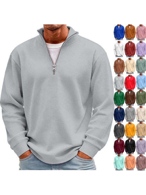 Men's Waffle Quarter Zip Pullover,Stand Collar Long Sleeve Ribbed Cuffs Top,Solid Color Casual Fall Daily Clothes White L