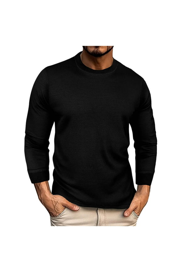 Men's Waffle Ribbed Knitted Pullover Henley Shirt Slim Fit Cotton Long Sleeve Casual Crew Neck T-Shirt Workout Shirt