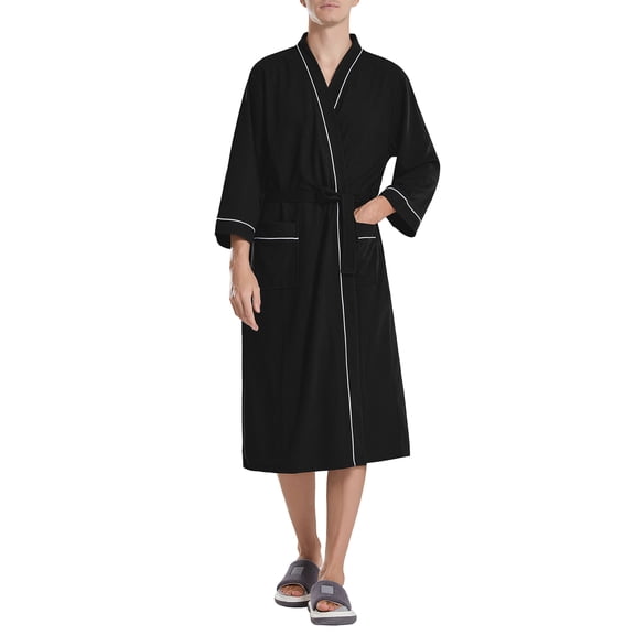 Men’s Waffle Robe, 3/4 Sleeve Lightweight Bathrobe for Men, Breathable Kimono Spa Robe Hotel Lounge Shower Robe for Home Travel Resort,L-XL Black