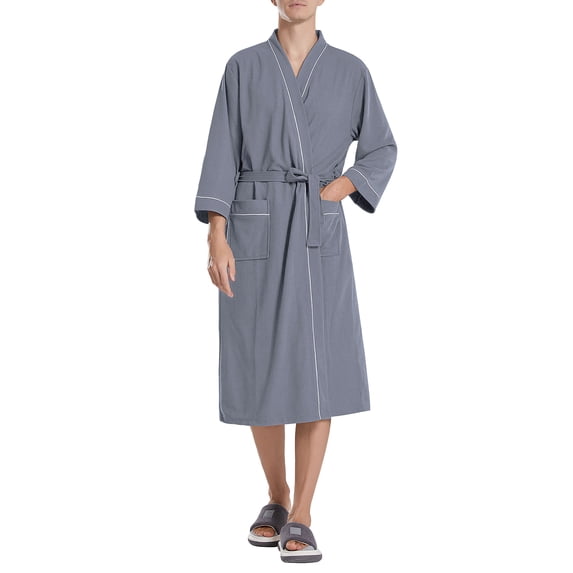 Men’s Waffle Robe, 3/4 Sleeve Lightweight Bathrobe for Men, Breathable Kimono Spa Robe Hotel Lounge Shower Robe for Home Travel Resort,L-XL Gray