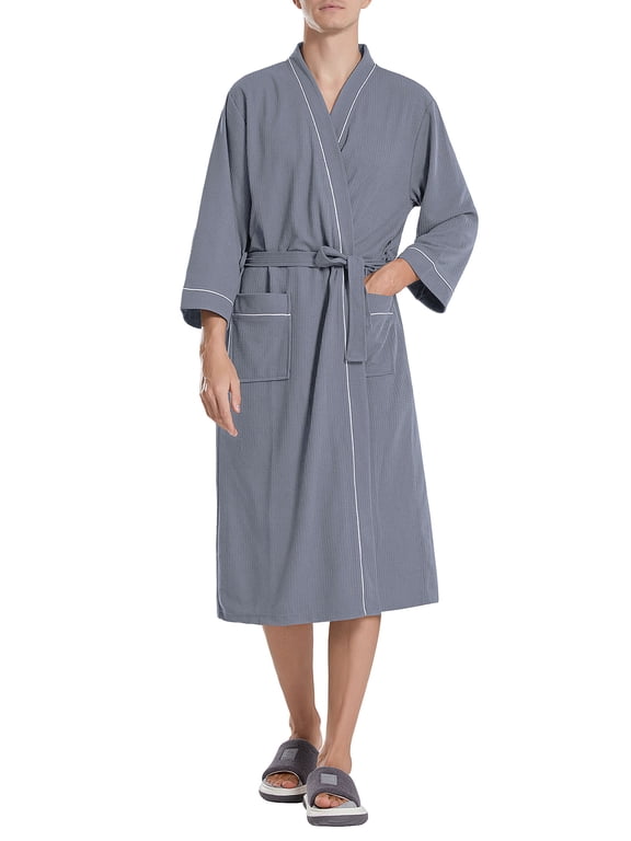 Men’s Waffle Robe, 3/4 Sleeve Lightweight Bathrobe for Men, Breathable Kimono Spa Robe Hotel Lounge Shower Robe for Home Travel Resort,L-XL Gray