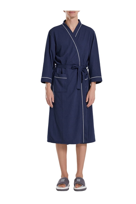 Men’s Waffle Robe, 3/4 Sleeve Lightweight Bathrobe for Men, Breathable Kimono Spa Robe Hotel Lounge Shower Robe for Home Travel Resort,L-XL Navy Blue