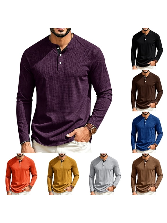 Men's Waffle Shirt Casual Comfortable Long Sleeve Button Down Thermal Henley Shirts Lightweight Plain Fall T-shirts Pullover