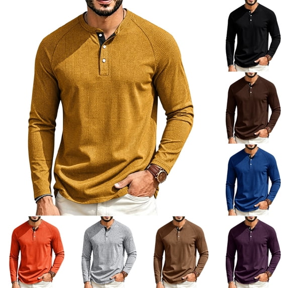 Men's Waffle Shirt Casual Comfortable Long Sleeve Button Down Thermal Henley Shirts Lightweight Plain Fall T-shirts Pullover