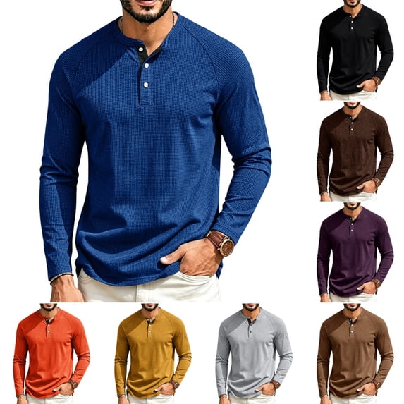 Men's Waffle Shirt Casual Comfortable Long Sleeve Button Down Thermal Henley Shirts Lightweight Plain Fall T-shirts Pullover