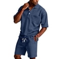 thumbnail image 1 of Men's Waffle Shirt and Shorts Set 2 Piece Outfits Casual Summer Tracksuits Set with Pockets Navy 4XL, 1 of 4