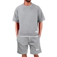 thumbnail image 1 of Men's Waffle Shirt and Shorts Set 2 Piece Outfits Casual Summer Tracksuits Set with Pockets, 1 of 4