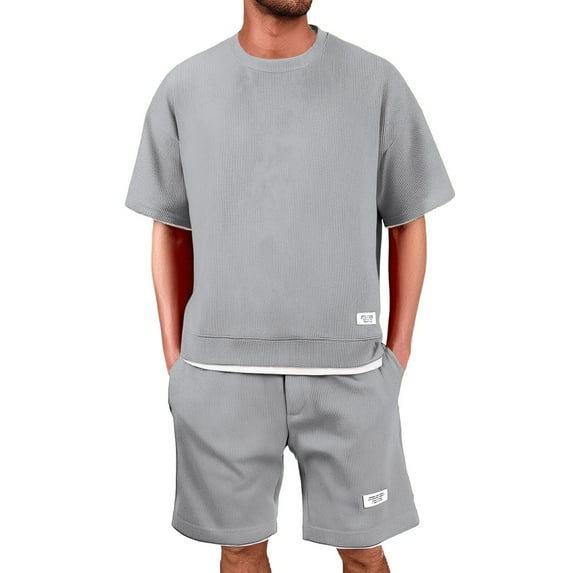 Men's Waffle Shirt and Shorts Set 2 Piece Outfits Casual Summer Tracksuits Set with Pockets