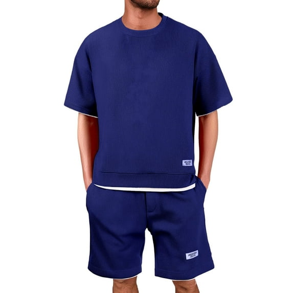 Men's Waffle Short Sleeve Tracksuit Summer T Shirt & Shorts set 2 Pockets Oversize Two Piece Casual Daily