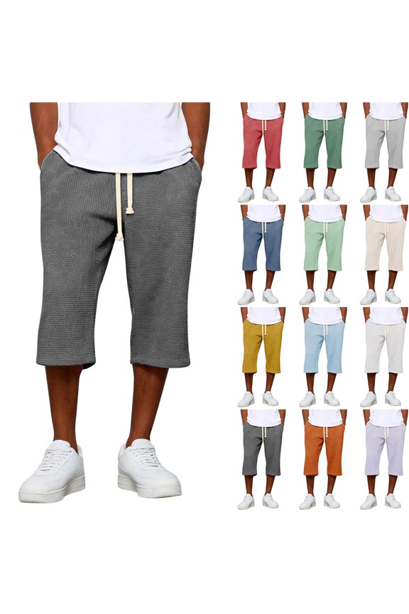 Men’s Waffle Straight Leg Wide Leg Sports Casual Trousers Seven Quarter Pants