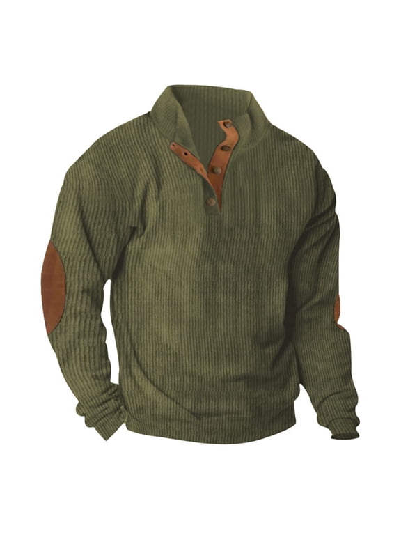 Men's Waffle Sweatshirt Patched Elbow Shoulder Long Sleeve Lapel Button Down Corduroy Plaid Outdoor Casual Pullover Top