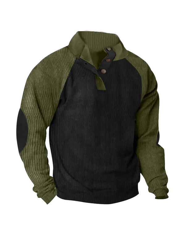 Men's Waffle Sweatshirt Patched Elbow Shoulder Long Sleeve Lapel Button Down Corduroy Plaid Outdoor Casual Pullover Top