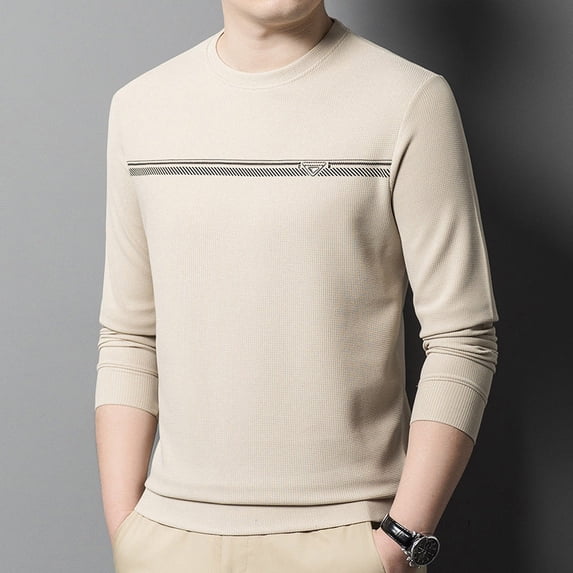 Men's Waffle Sweatshirt Round Neck Printed Casual Bottom Shirt
