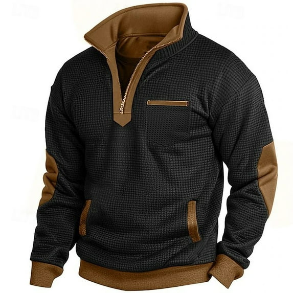Men's Waffle Sweatshirt Vintage​Stand Collar Henley Pullover with Side pocket Casual Quarter Button Athleisure Lightweight Top​