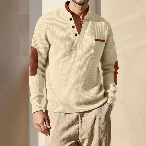 Men's Waffle Sweatshirt VintageStand Collar Long Sleeve Henley Pullover Casual Quarter Button Athleisure Lightweight Top