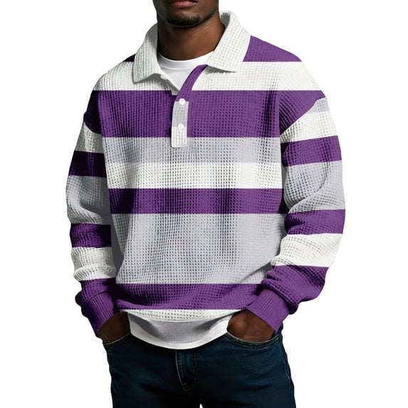 Men's Waffle Sweatshirts Colorblock Striped Lapel Golf Tops Retro Long Sleeve Pullover Shirts