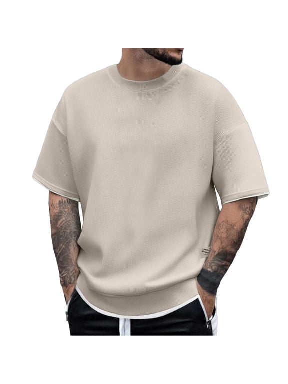 Men's Waffle T Shirt Short Sleeve Two Layer Trim Crew Neck Top Summer StreetTee Daily Tee