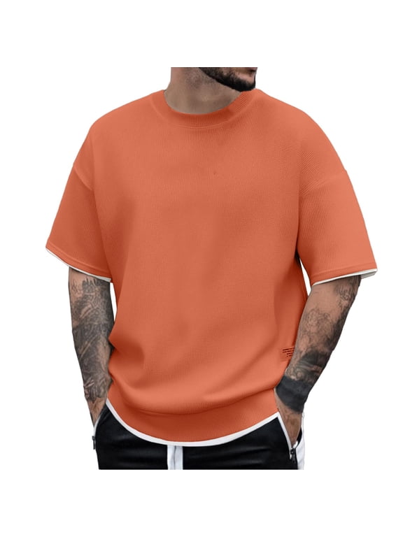 Men's Waffle T Shirt Short Sleeve Two Layer Trim Crew Neck Top Summer StreetTee Daily Tee