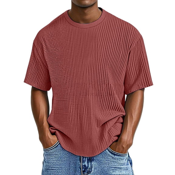 Men's Waffle Texture Casual Short Sleeve T-Shirt - Soft Breathable Fabric for Everyday Wear, Lightweight Comfortable Round Neck Tee with Modern Solid Color Design,Wine M