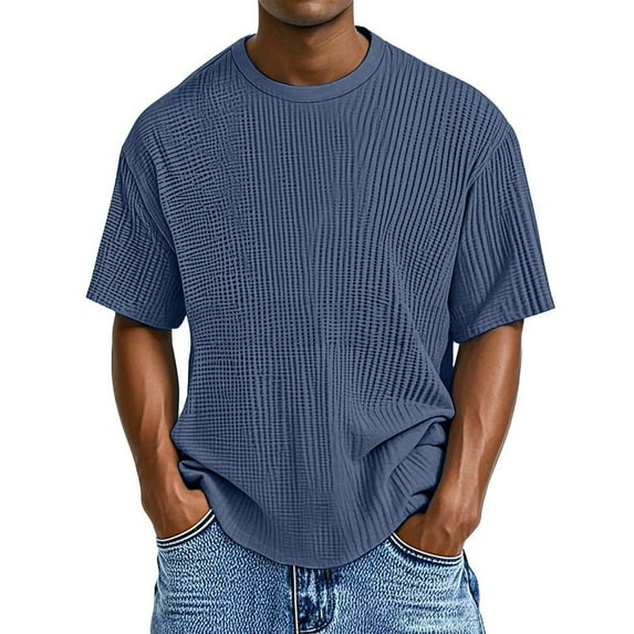 Men's Waffle Texture Casual Short Sleeve T-Shirt - Soft Breathable Fabric for Everyday Wear, Lightweight Comfortable Round Neck Tee with Modern Solid Color Design,Navy XL
