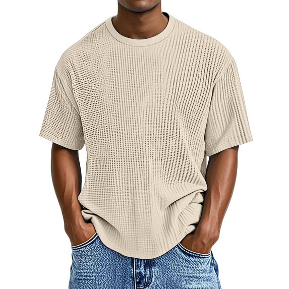 Men's Waffle Texture Casual Short Sleeve T-Shirt - Soft Breathable Fabric for Everyday Wear, Lightweight Comfortable Round Neck Tee with Modern Solid Color Design,Khaki 2XL
