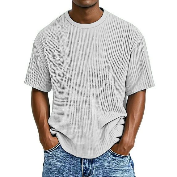 Men's Waffle Texture Casual Short Sleeve T-Shirt - Soft Breathable Fabric for Everyday Wear, Lightweight Comfortable Round Neck Tee with Modern Solid Color Design,White XL