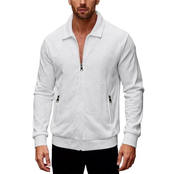Men's Waffle-Texture Notch Collar Zip-Up Long-Sleeve Slim-Fit Cardigan Jacket, White, Size XXXL