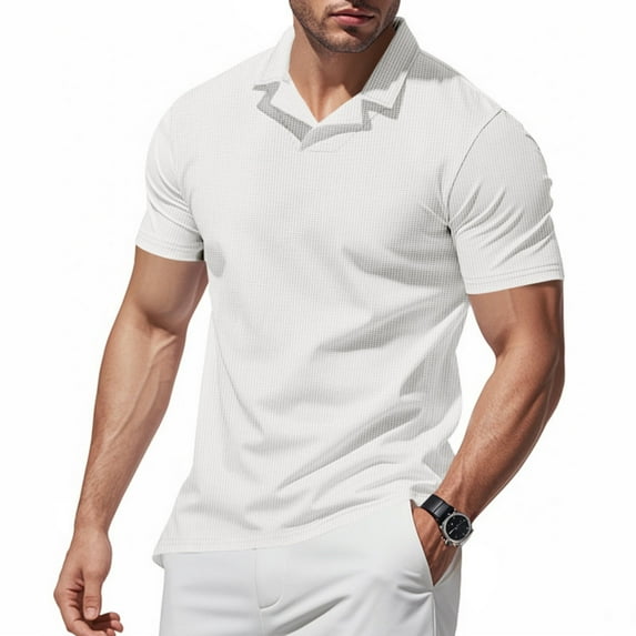 Men's Waffle Texture Polo Collar Casual T-Shirt - Breathable Solid Color Short Sleeve Top for Office Casual, Weekend Errands and Lightweight Comfort,White M