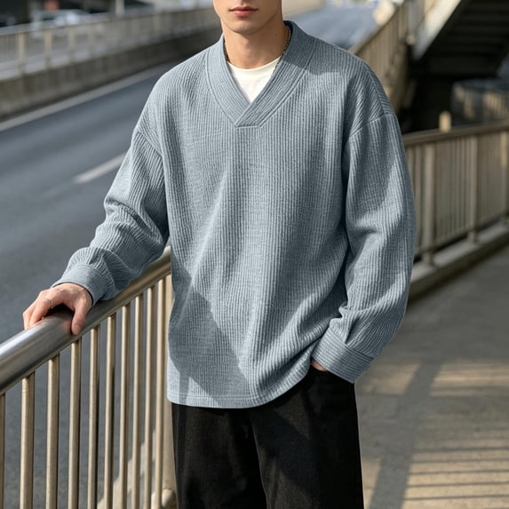 Men's Waffle Textured Knit Deep V Neck Shirt, Loose Fit Long Sleeve Pullover Oversized Sweatshirt, Breathable Spring Fall Everyday Sport Top Gray