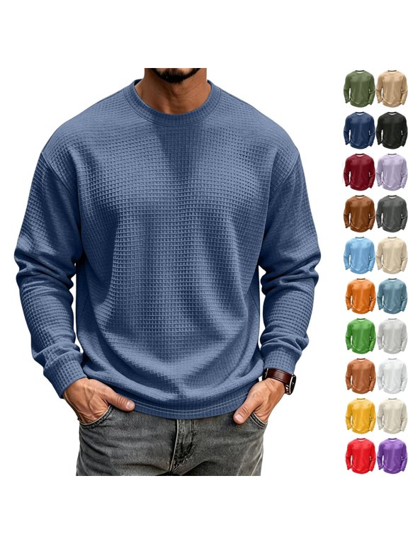 Men's Waffle Thermal Shirts Textured Underwear Tops, Lightweight Pullover Sweaters, Long Sleeve, Crew Neck Navy S