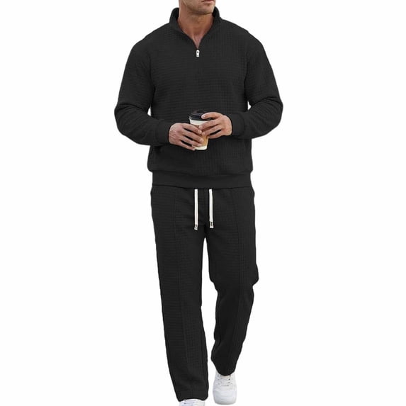 Men's Waffle Tracksuit 2 Piece Sweatsuit Track Suit 1/4 Zip Long Sleeve Tops Jogging Pants Casual Outfits for Men Size 3XL Black