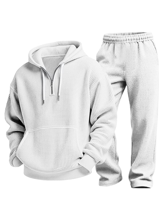 Men's Waffle Tracksuits Hooded Sweatsuits For Men Suits 2 Piece Lightweight Casual Athletic Sports Jogging Sets White XXXL
