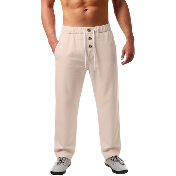 Men's Waffle Weave Casual Pants Baggy Color Block Multi Pocket Wide Leg Pants Khaki L