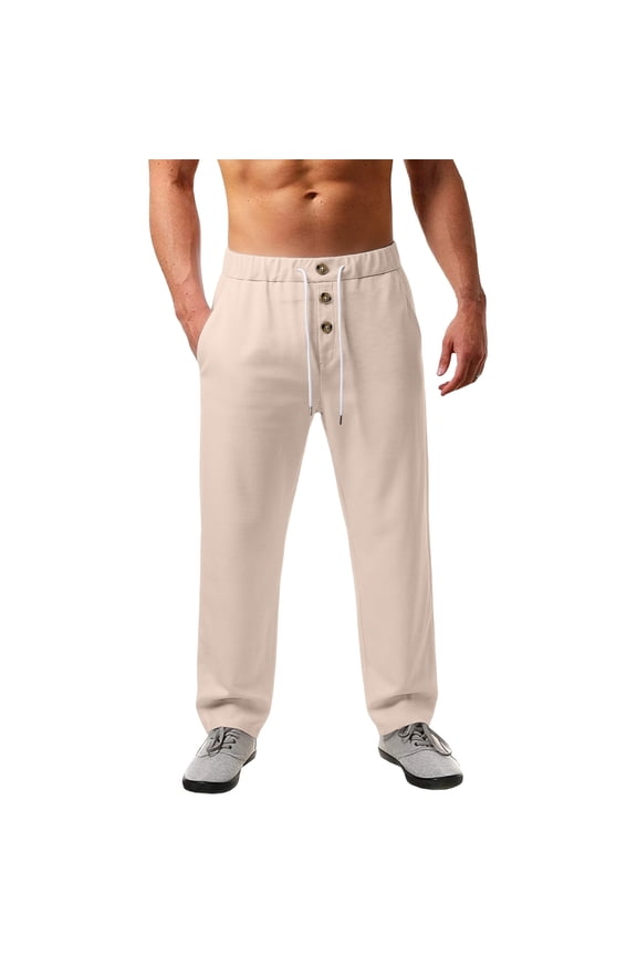 Men's Waffle Weave Casual Pants Baggy Color Block Multi Pocket Wide Leg Pants Khaki XXL