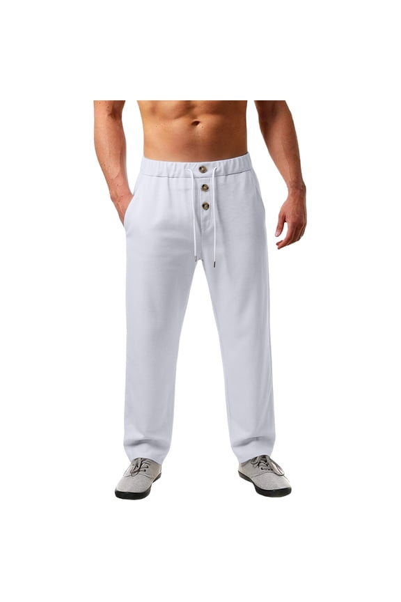 Men's Waffle Weave Casual Pants Baggy Color Block Multi Pocket Wide Leg Pants White S