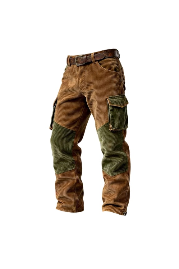 Men's Waffle Weave Casual Pants Baggy Color Block Multi Pocket Wide Leg Straight Leg Pants Brown XXL