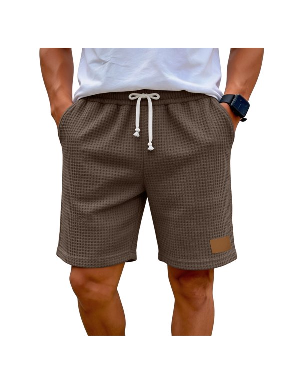 Men's Waffle Weave Casual Shorts Drawstring Elastic Waist Loose Fit Five-Point Beach Shorts With Pockets Labelled Men's Bottoms for Daily Casual Wear and Sports