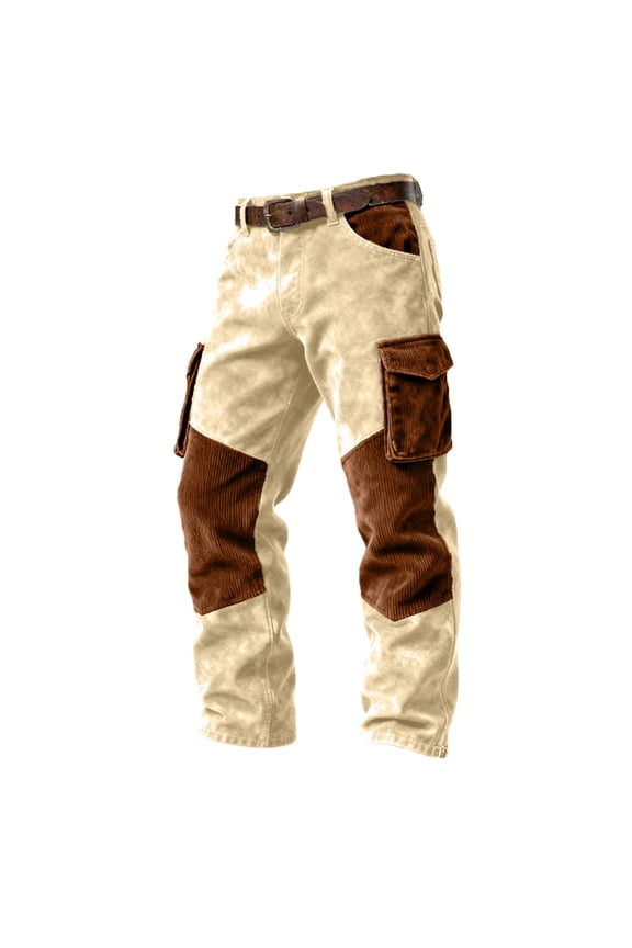 Men's Waffle Weave Color Block Workwear Pants With Multiple Pockets And Wide Legs, Casual Style Beige XXXL